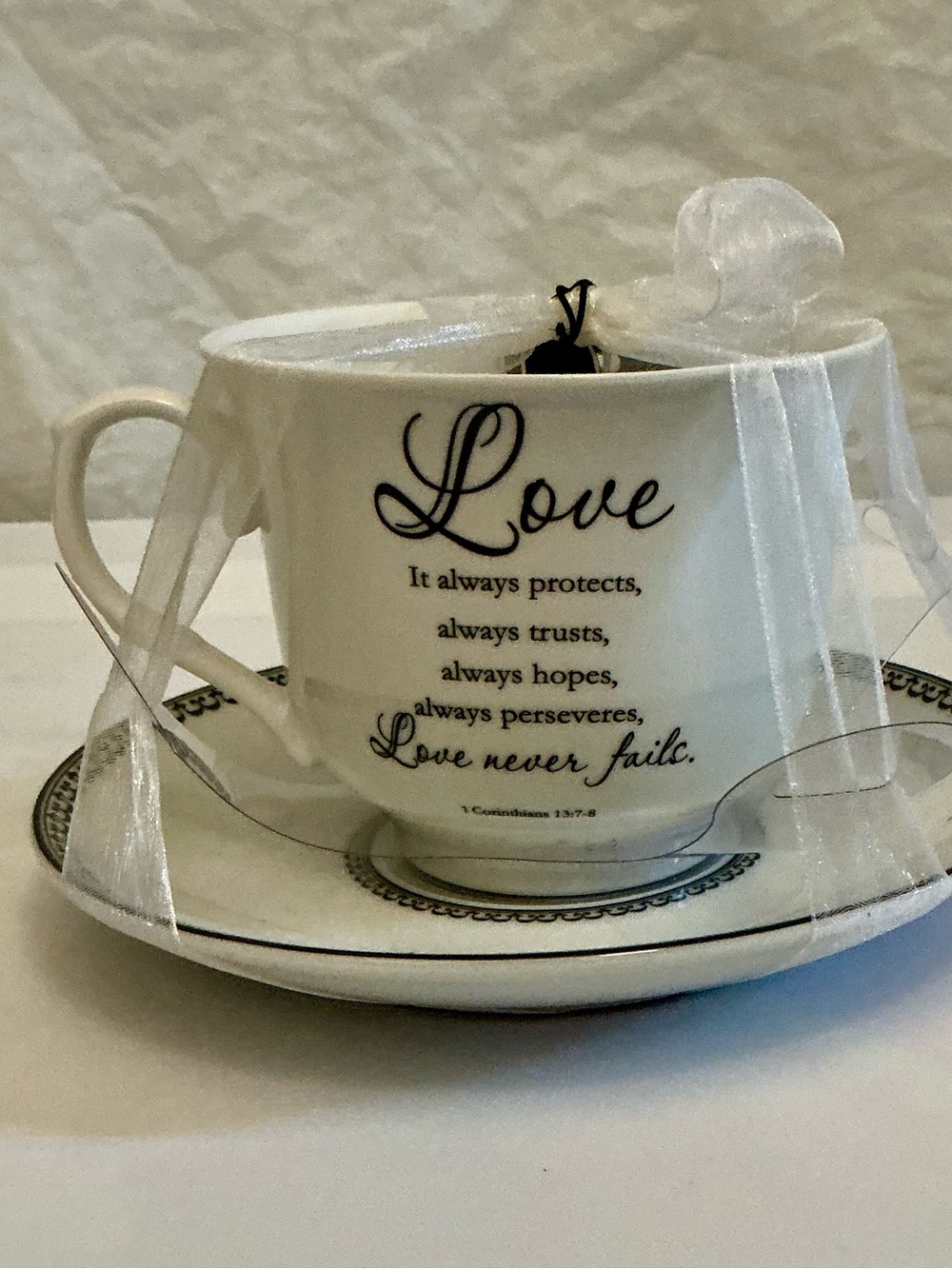 NEW Ivory Ceramic Love Inspirational Teacup & Saucer Set